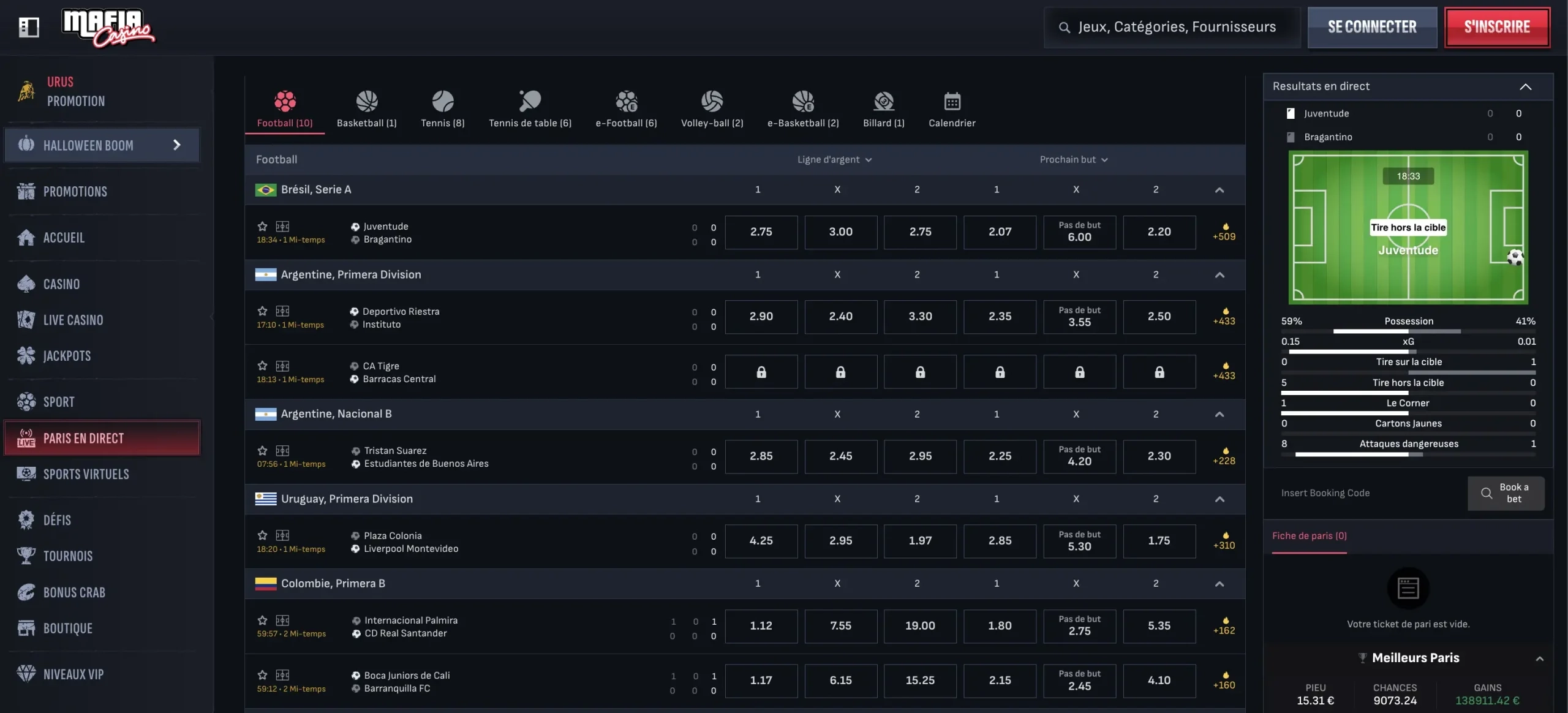 Paris en direct (Live Betting) sur Mafia Casino